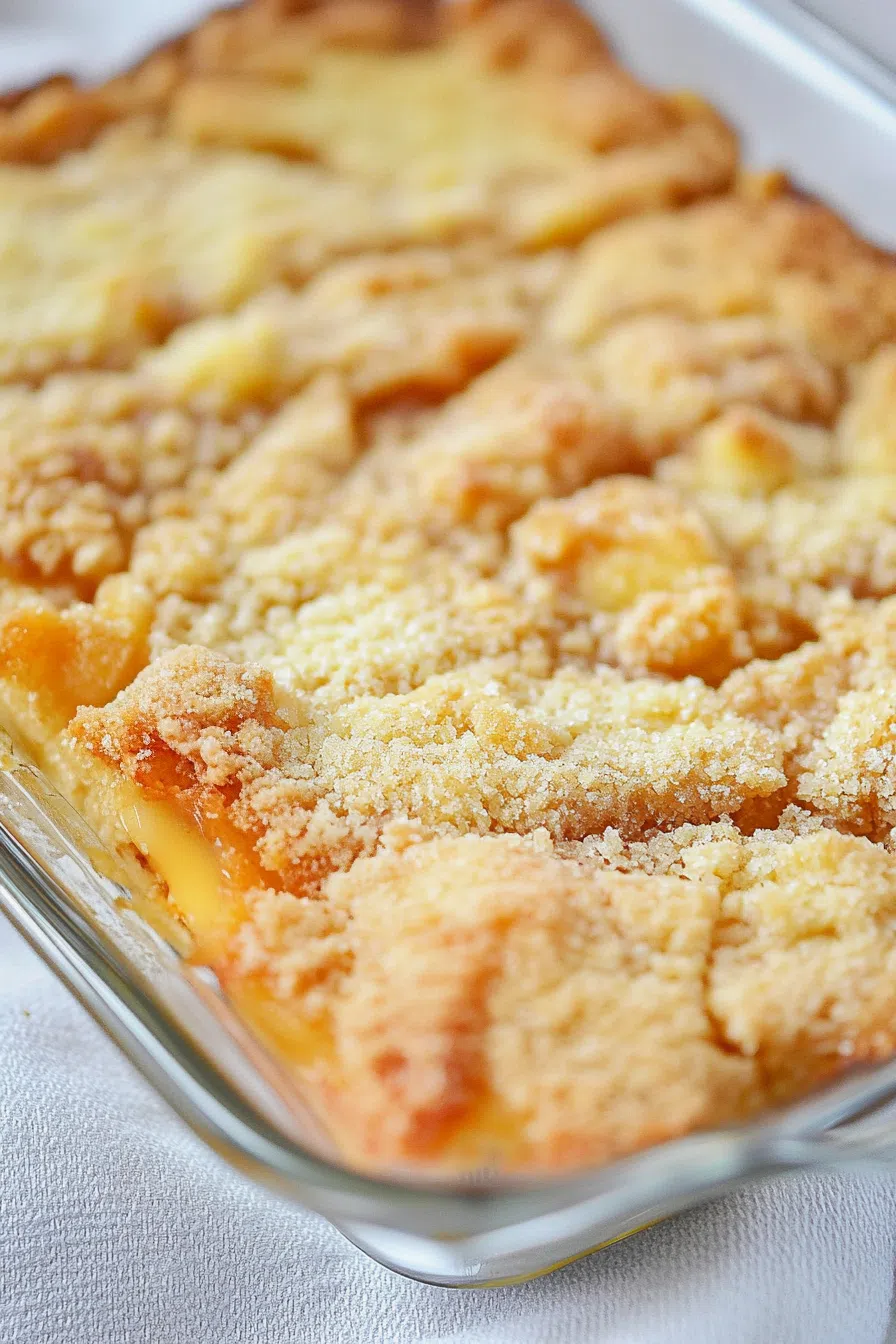 Close-up of moist, fruit-studded squares with a crumbly top layer.