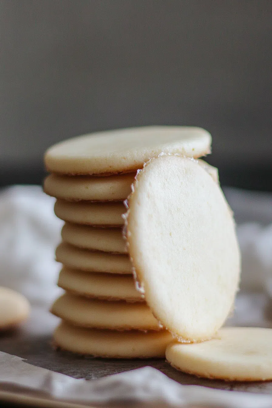 Stack of round, buttery shortbread cookies on parchment paper