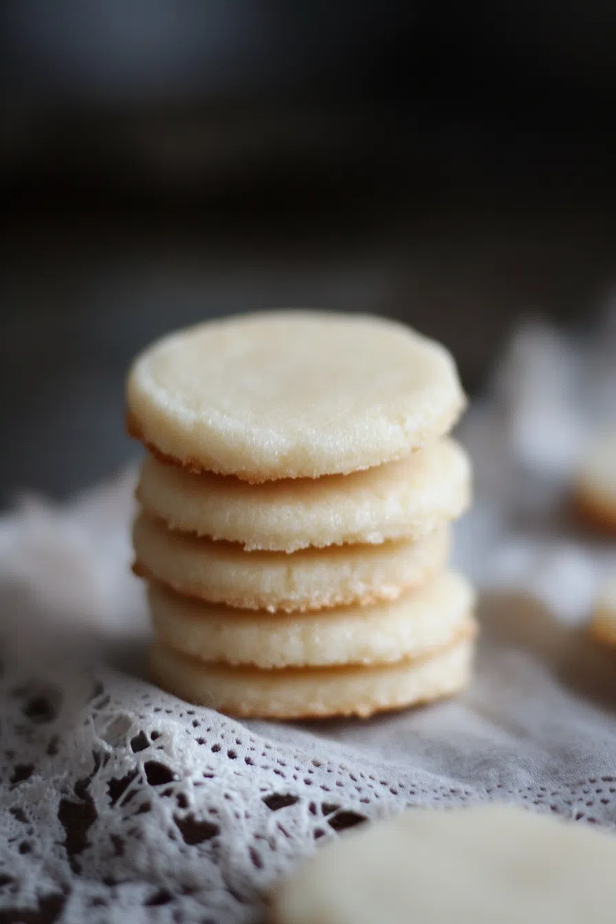 Delicate shortbread cookies arranged neatly on lace fabric.
