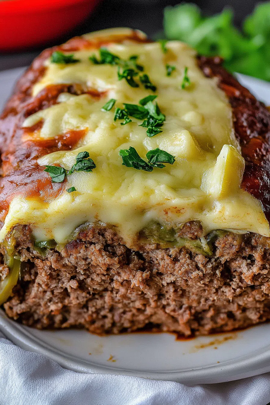Dinner plate with a thick slice of stuffed meatloaf, mashed potatoes, and green beans.
