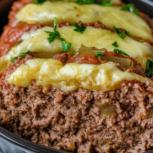 Close-up of a forkful of cheesy meat layered with onions and peppers.