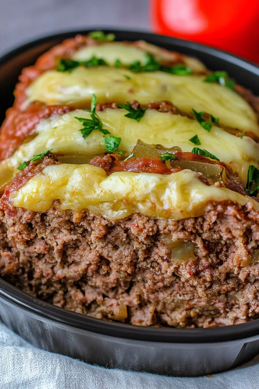 Close-up of a forkful of cheesy meat layered with onions and peppers.