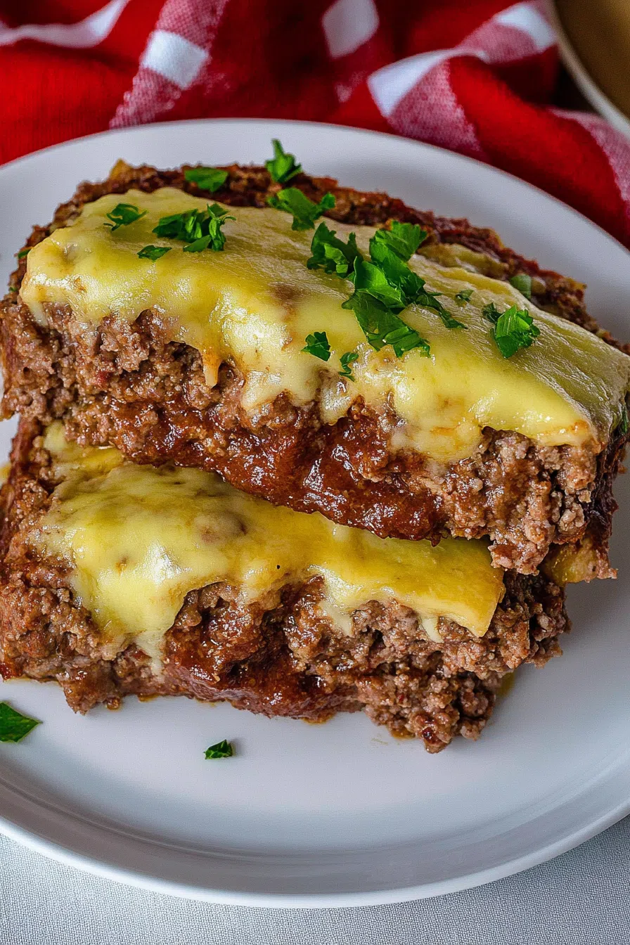 Sliced meatloaf filled with melted cheese and sautéed peppers on a serving plate.