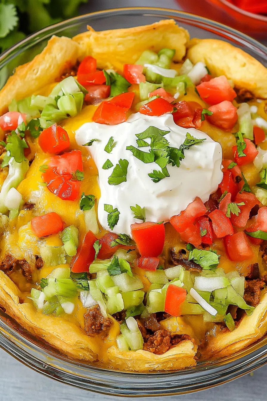 Savory layered dish with visible taco ingredients and a crisp, browned topping.