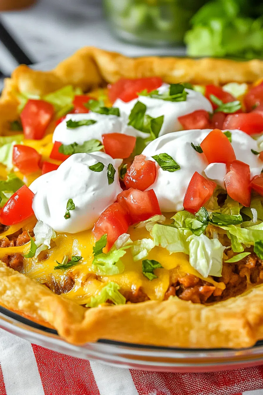 Close-up of a flaky pastry bake with taco-seasoned filling and gooey cheese.