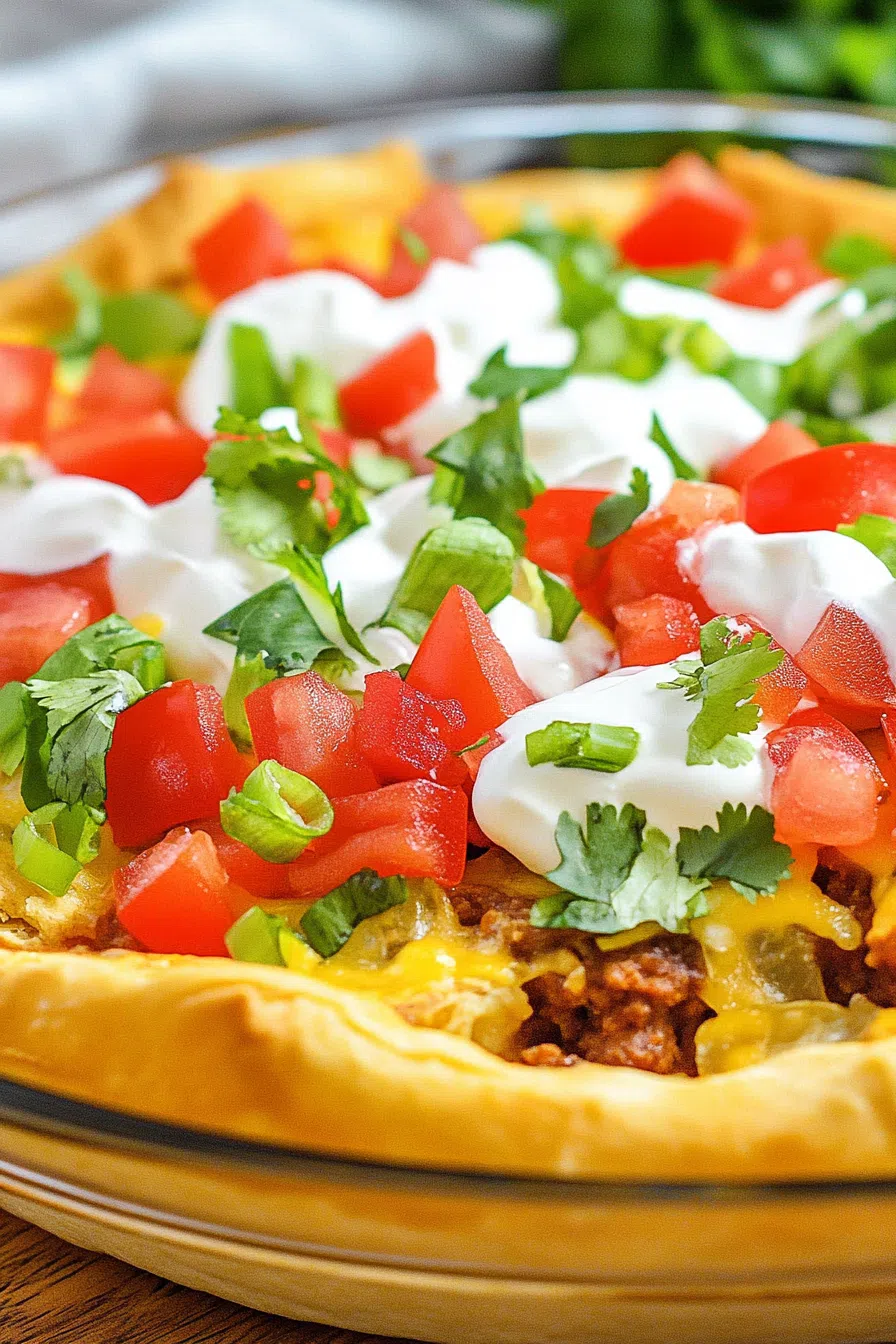 Close-up of a cheesy, beef-filled slice with flaky pastry edges.