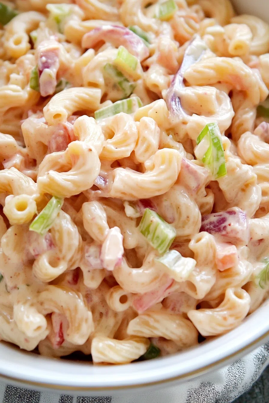 Colorful pasta dish with a creamy pink dressing, served in a bowl.
