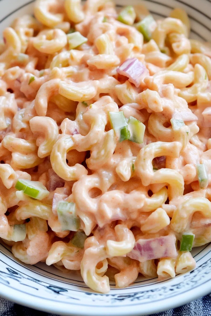 Chilled salad featuring spiral noodles and diced vegetables on a white plate.