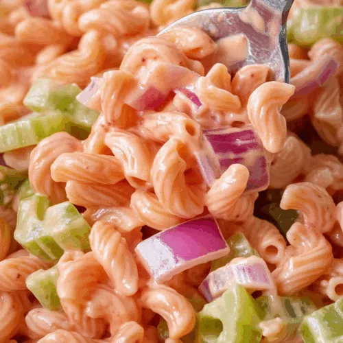 Serving spoon resting in a large bowl of creamy, party-style pasta.