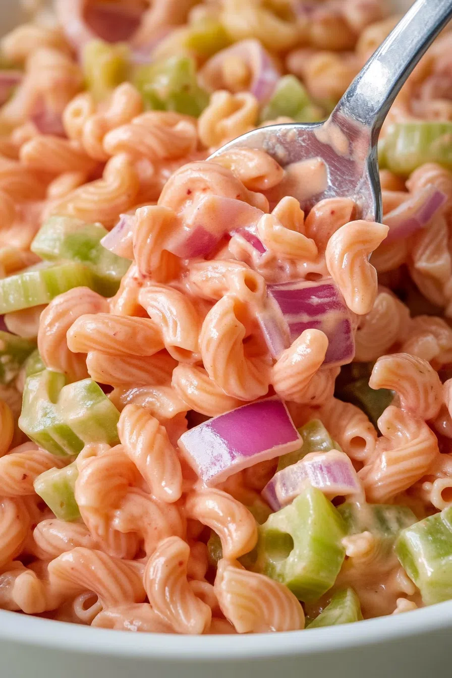 Serving spoon resting in a large bowl of creamy, party-style pasta.