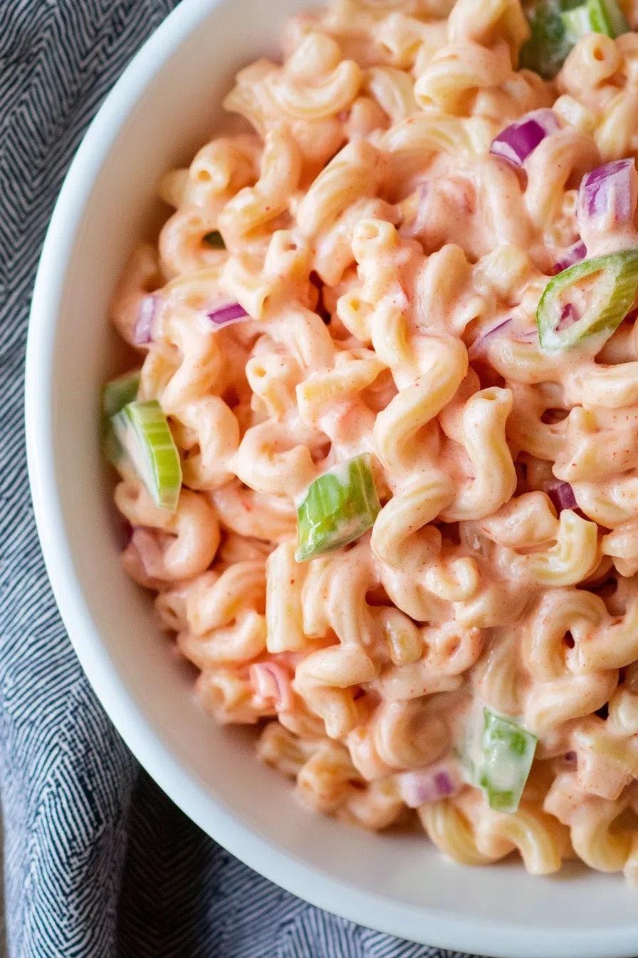 Top-down view of a vibrant, mayo-dressed pasta salad garnished with herbs.