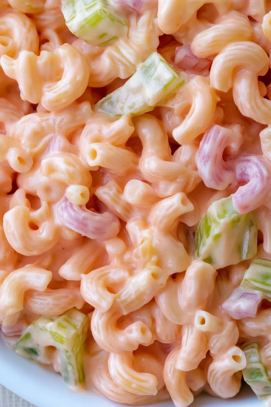 Close-up of a cold noodle dish with a rosy hue and scattered toppings.