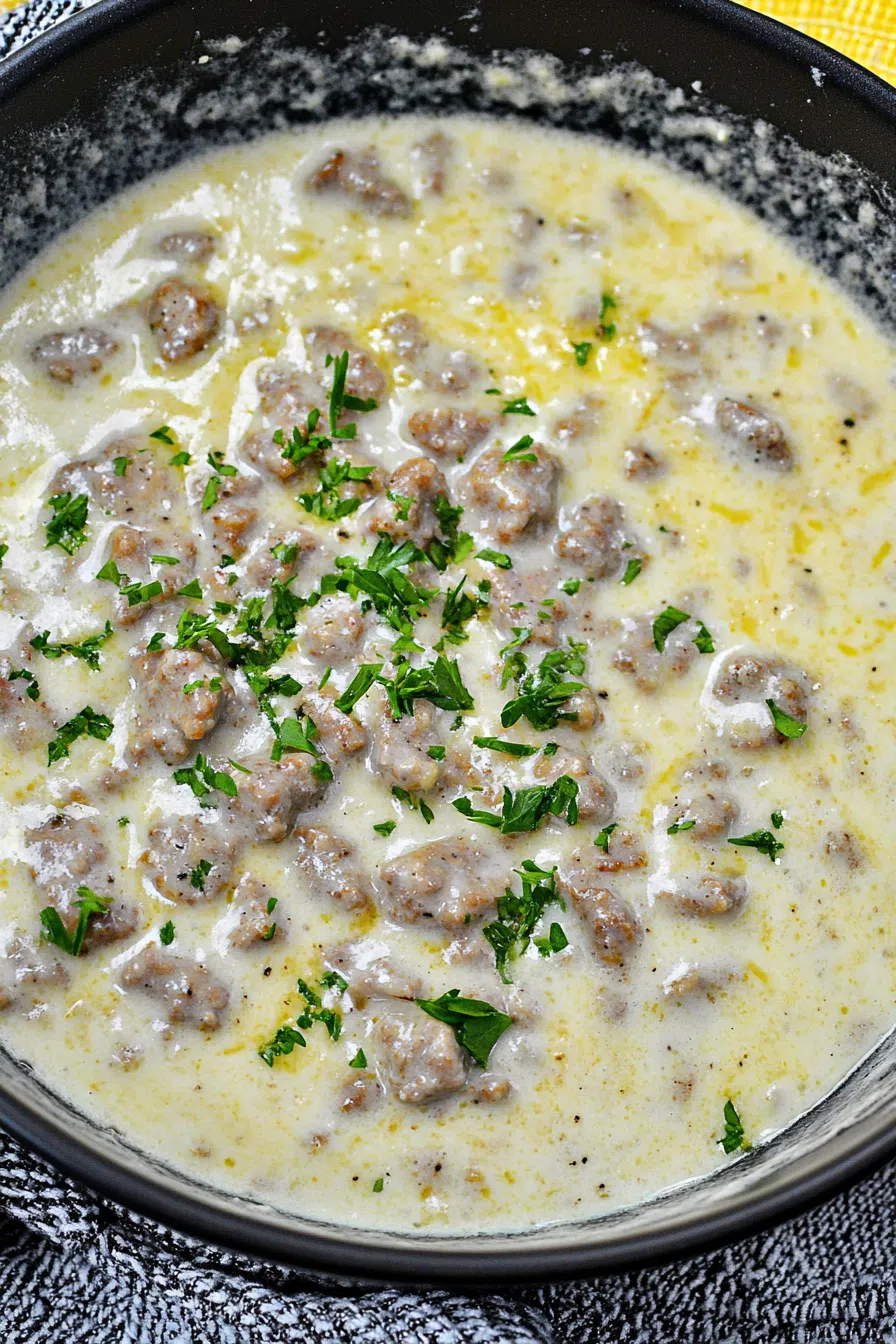 Warm morning meal featuring a creamy topping with bits of browned meat