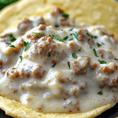 Close-up of rich, savory sauce with bits of browned meat poured generously over bread