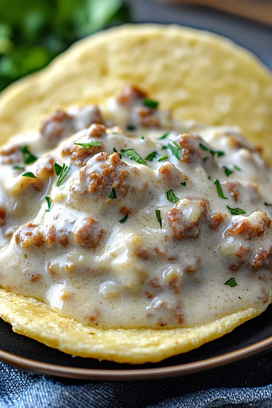 Close-up of rich, savory sauce with bits of browned meat poured generously over bread