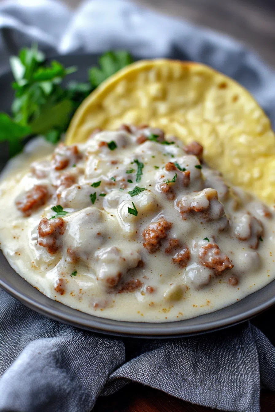 Hearty Southern-style breakfast dish with golden biscuits smothered in white gravy