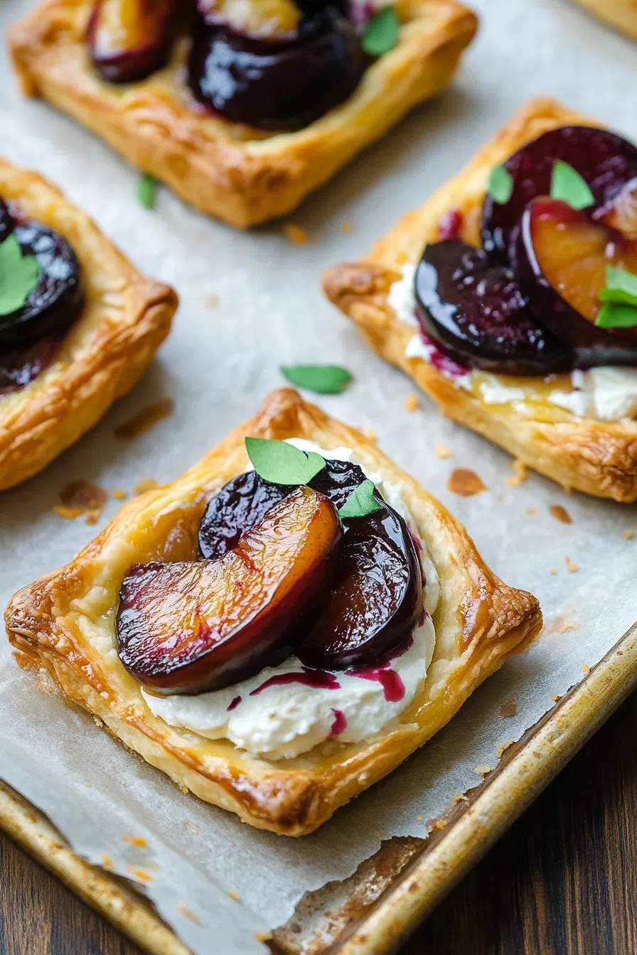 Flaky golden pastries topped with vibrant slices of fruit arranged on a serving board.