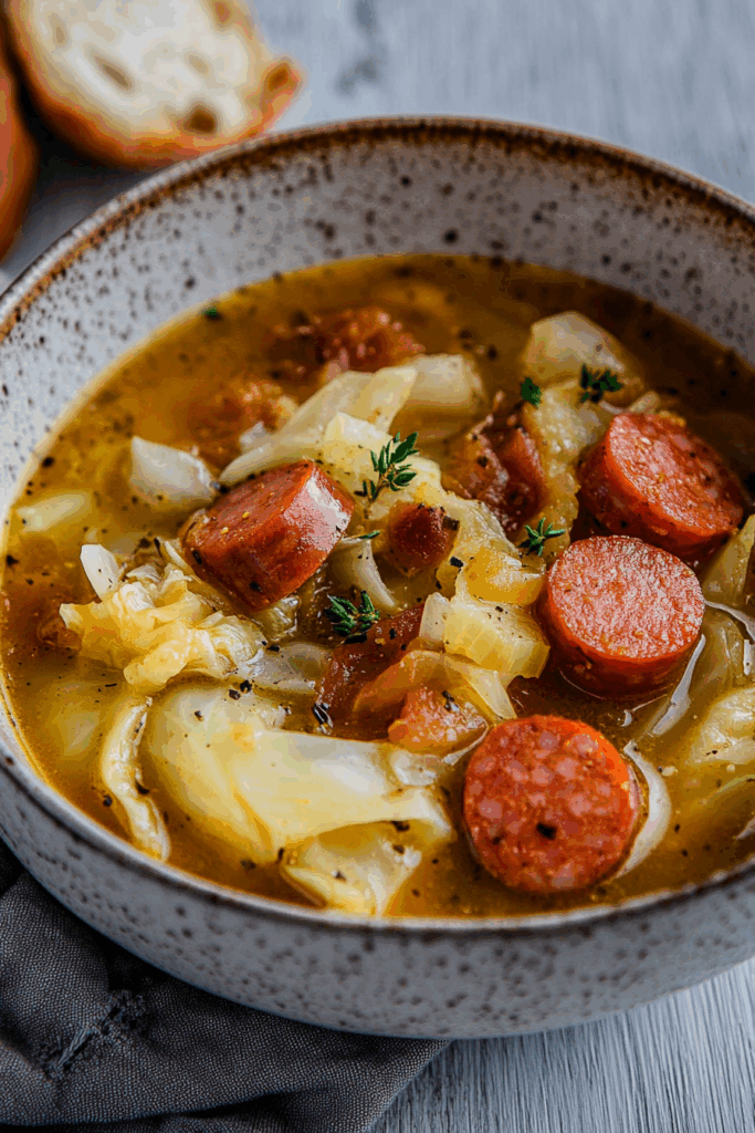 Rustic, hearty soup served in a ceramic bowl with visible chunks of meat and greens.