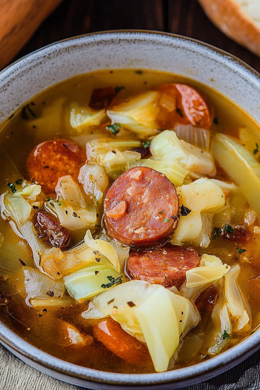 Close-up of a warm, comforting dish with cabbage, carrots, and broth-soaked sausage.