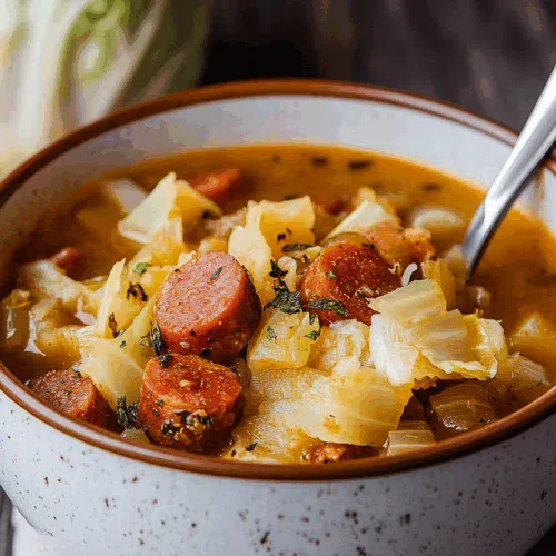 Bowl of steaming soup with sliced sausage, cabbage, and tender vegetables in broth.