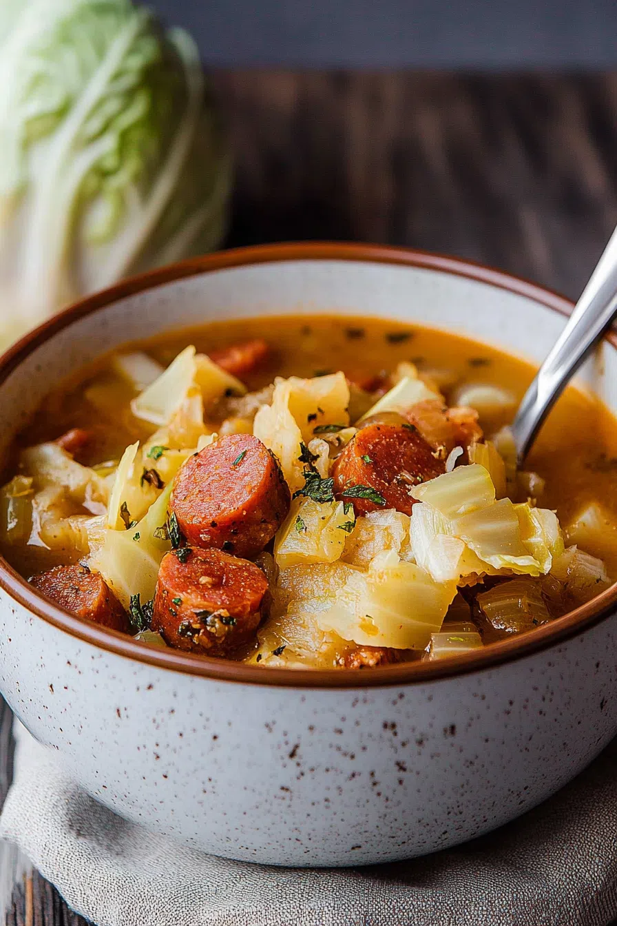 Bowl of steaming soup with sliced sausage, cabbage, and tender vegetables in broth.