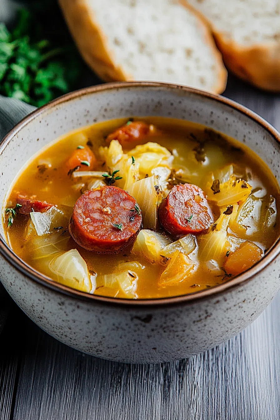 Light, brothy soup with vibrant vegetables and sliced sausage, ready to serve.