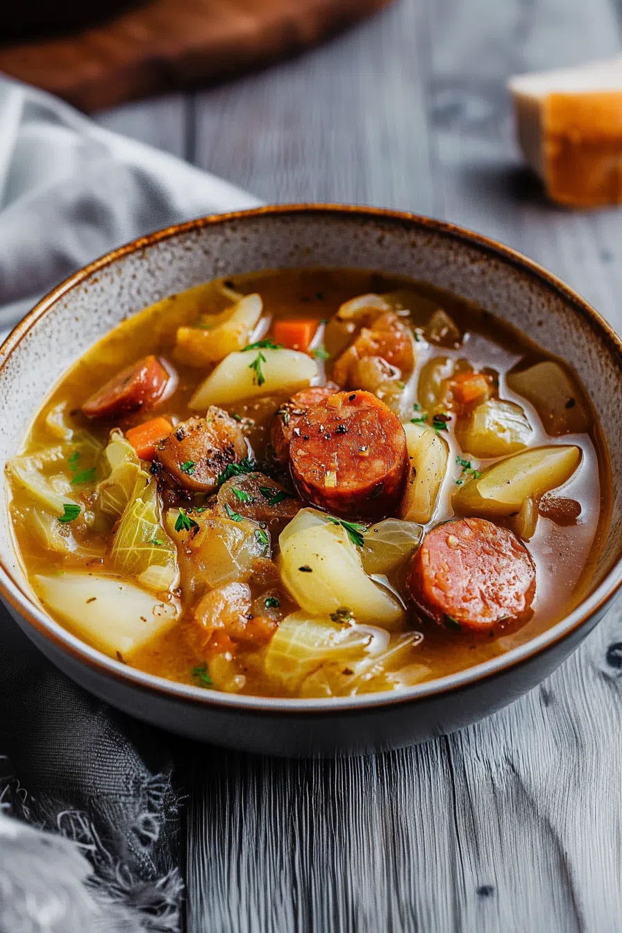 Polish kielbasa and cabbage soup garnished with fresh herbs in a soup bowl.