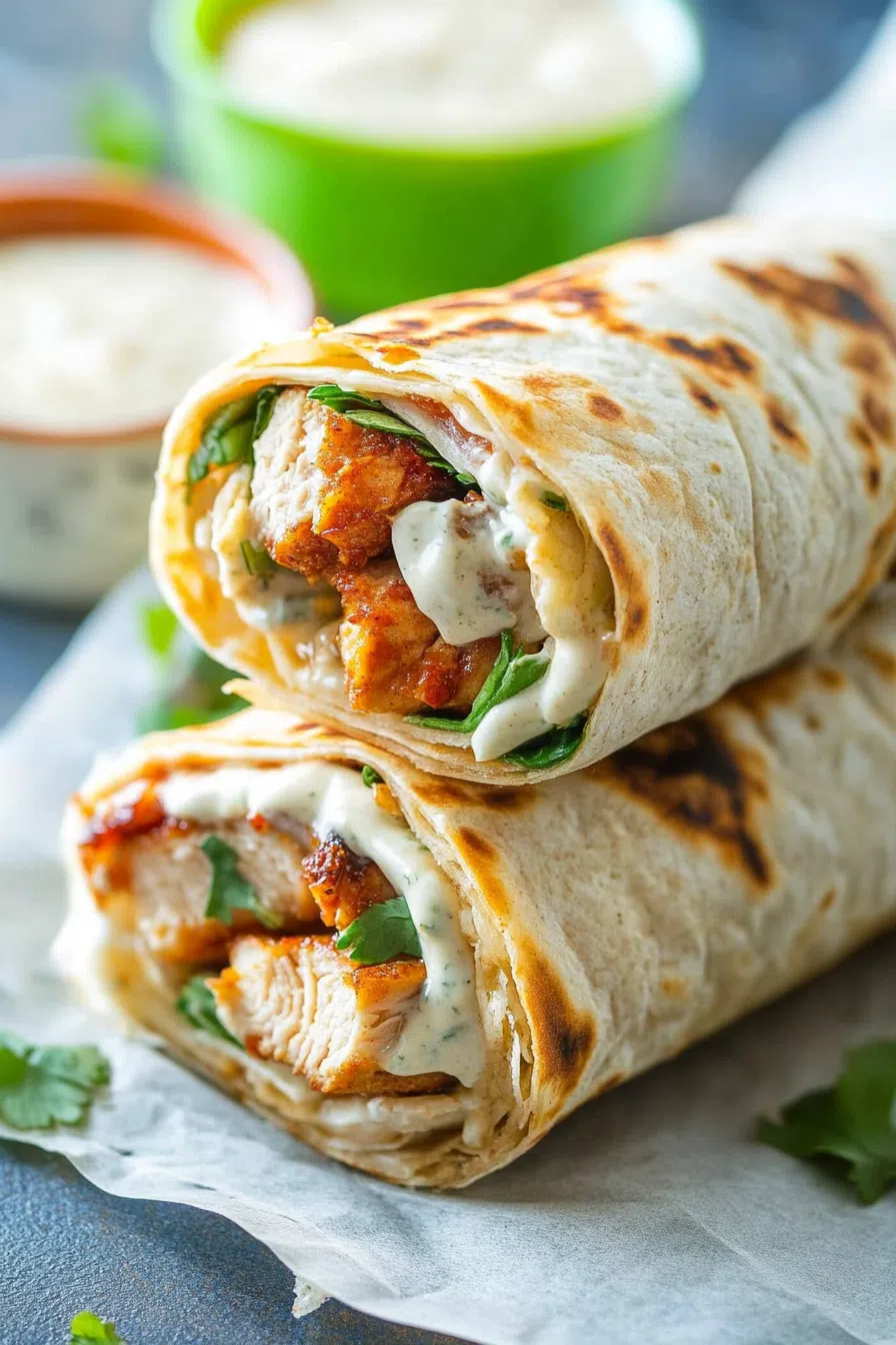 Close-up of a fresh wrap with grilled filling and creamy dressing drizzled inside.