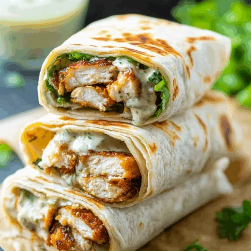 Ranch chicken wraps cut and served with a side of dipping sauce.