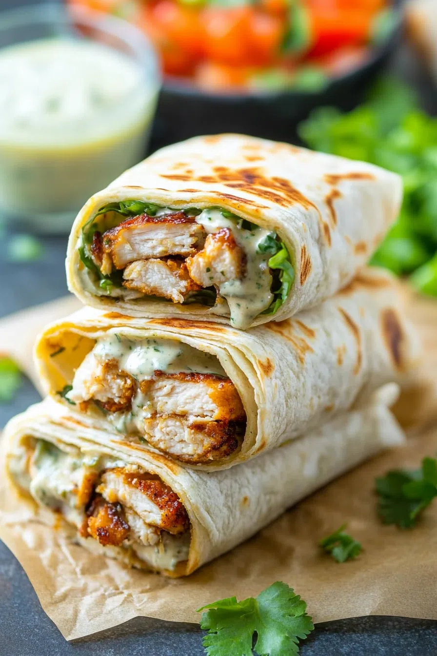 Ranch chicken wraps cut and served with a side of dipping sauce.