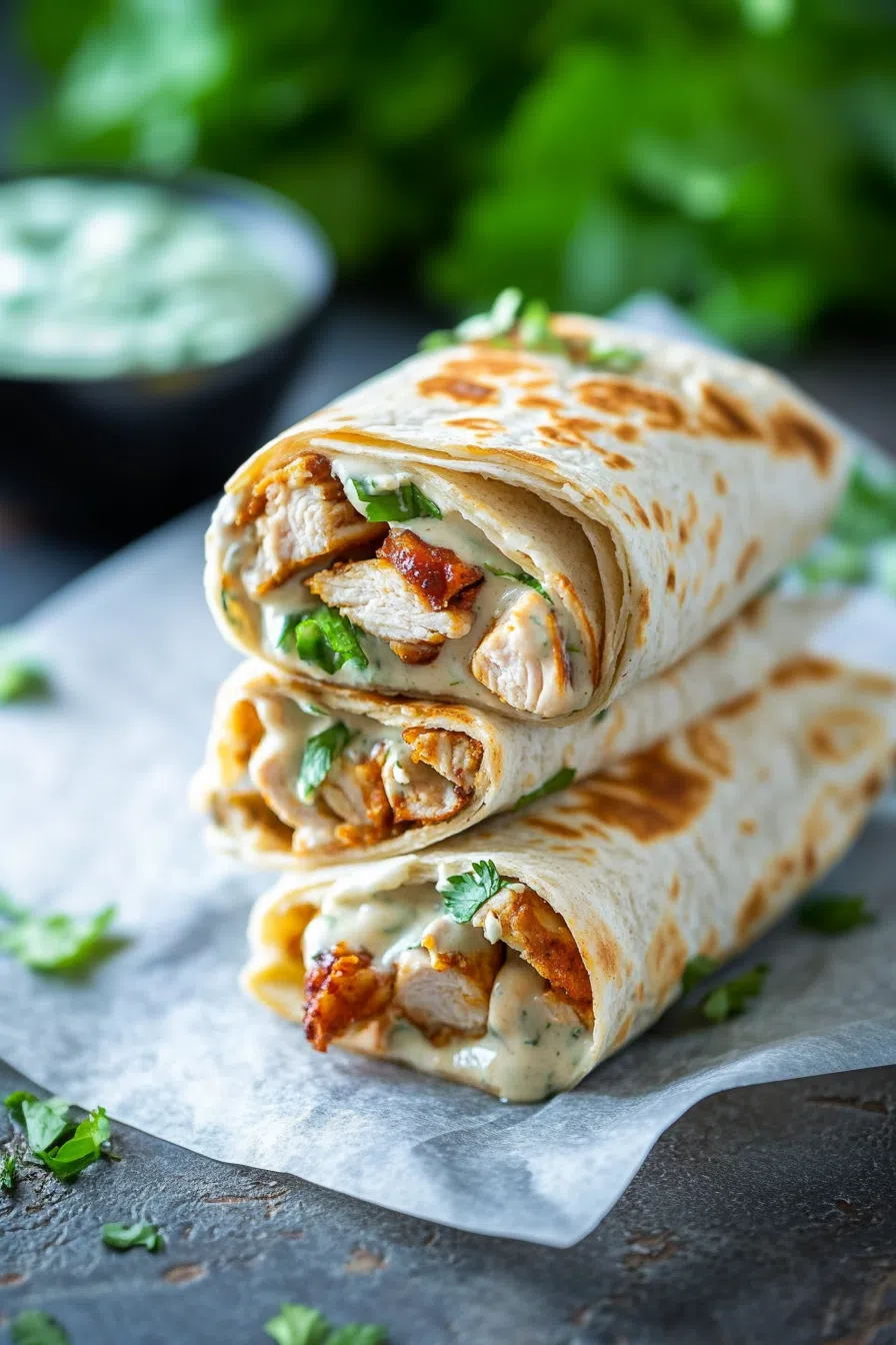 Soft flour tortillas tightly wrapped around a savory chicken and veggie mix.