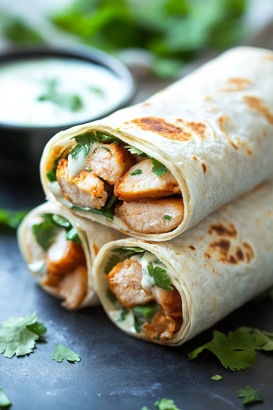 Tortilla wraps sliced in half to reveal layers of chicken, lettuce, and cheese.