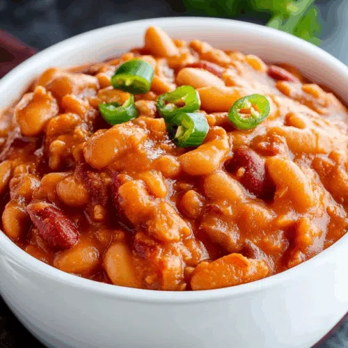 Hearty bean dish served in a rustic bowl with a rich, spiced sauce