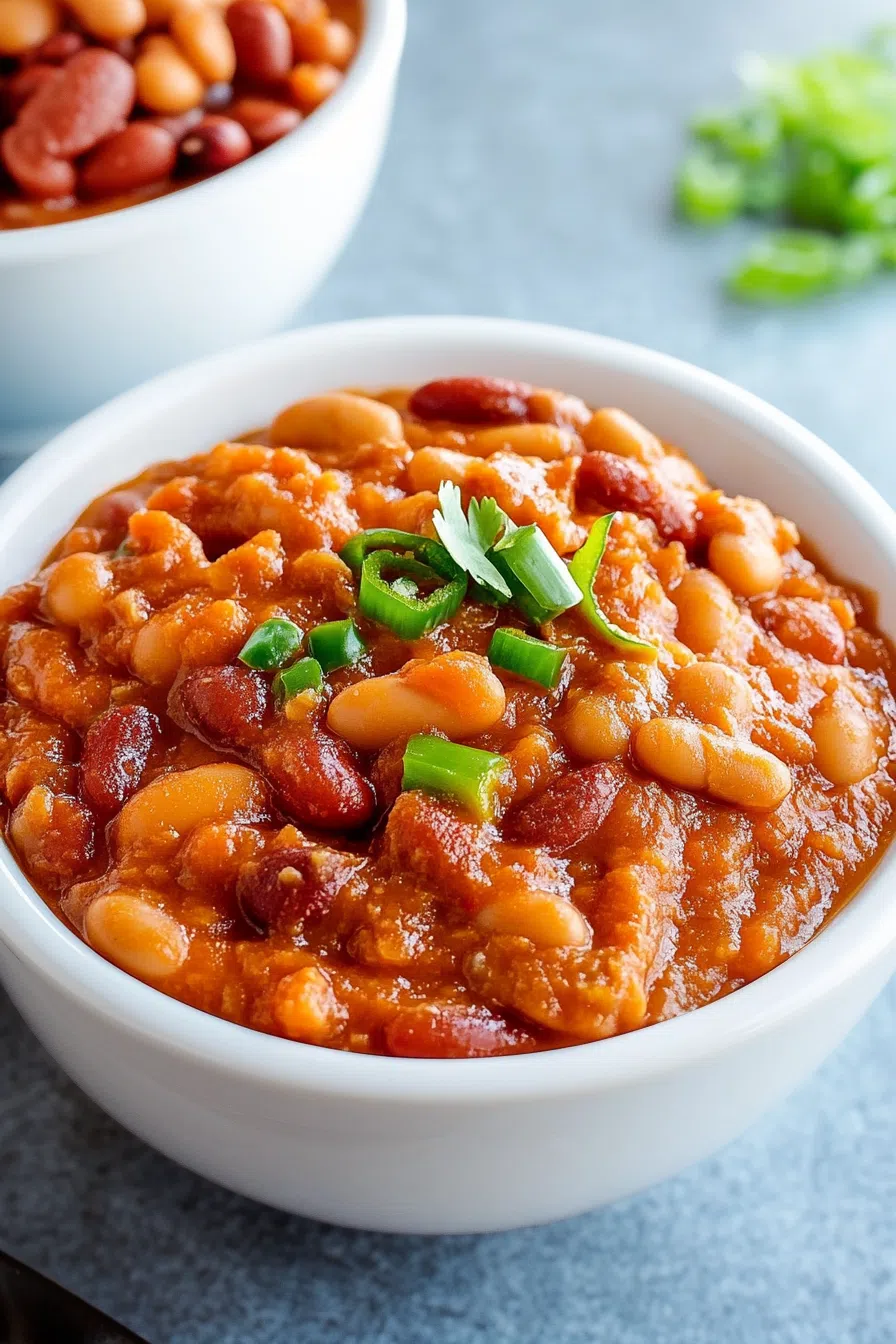 Hearty side dish with a thick tomato-based broth and visible spices