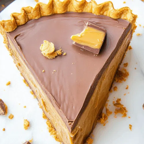 Close-up of a creamy pie with a cookie crust and candy chunks on top.