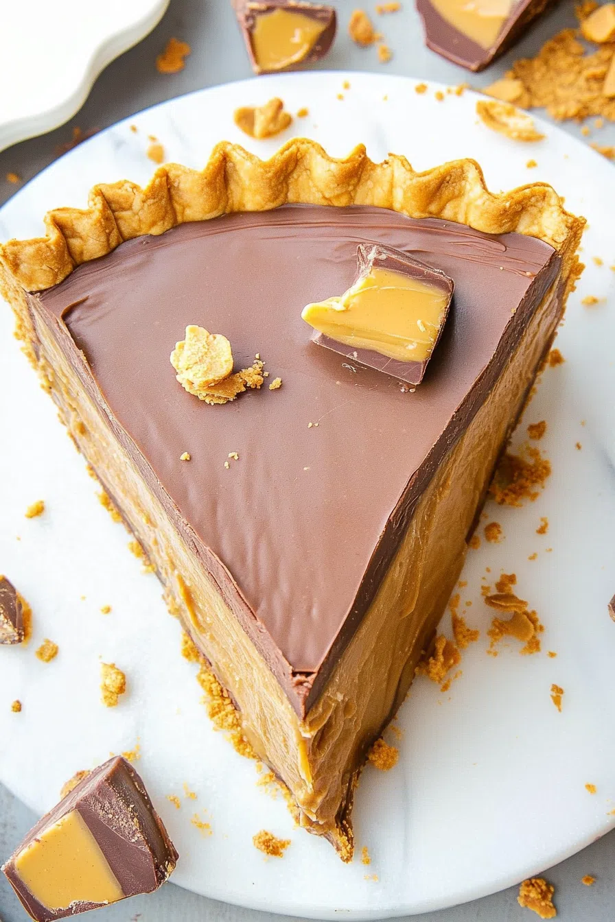 Close-up of a creamy pie with a cookie crust and candy chunks on top.