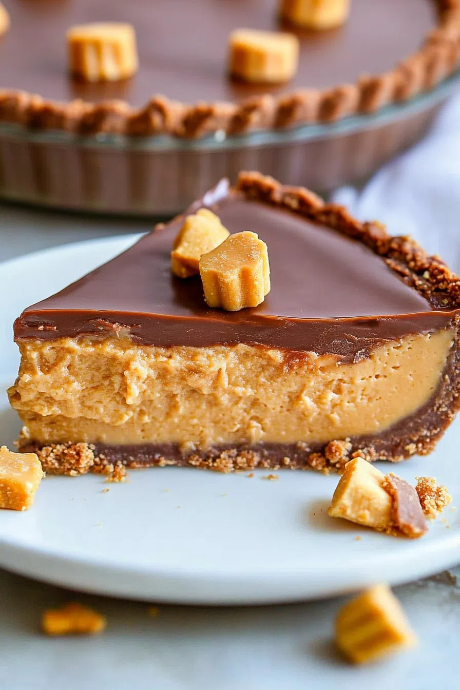 Reese Peanut Butter Cups Pie sliced and ready to serve, with a garnish of candy.