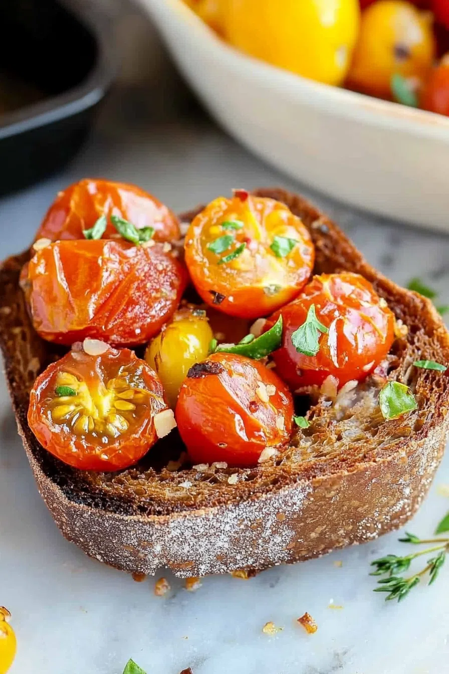 Roasted cherry tomatoes on sourdough bread, glistening with olive oil and garlic.
