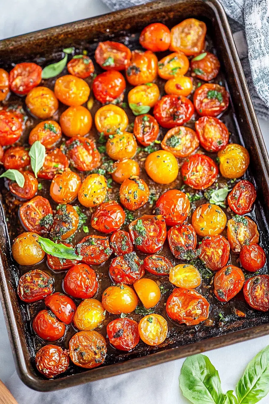 Roasted cherry tomatoes arranged in a rustic dish with fresh basil.