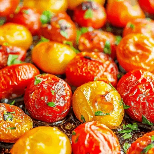 Close-up of roasted tomatoes with wrinkled skins and caramelized edges.