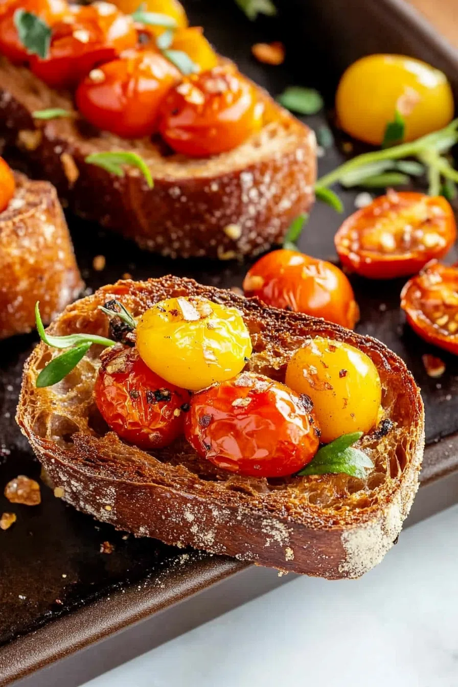 Toasted slice of rustic bread topped with blistered cherry tomatoes and fresh herbs.