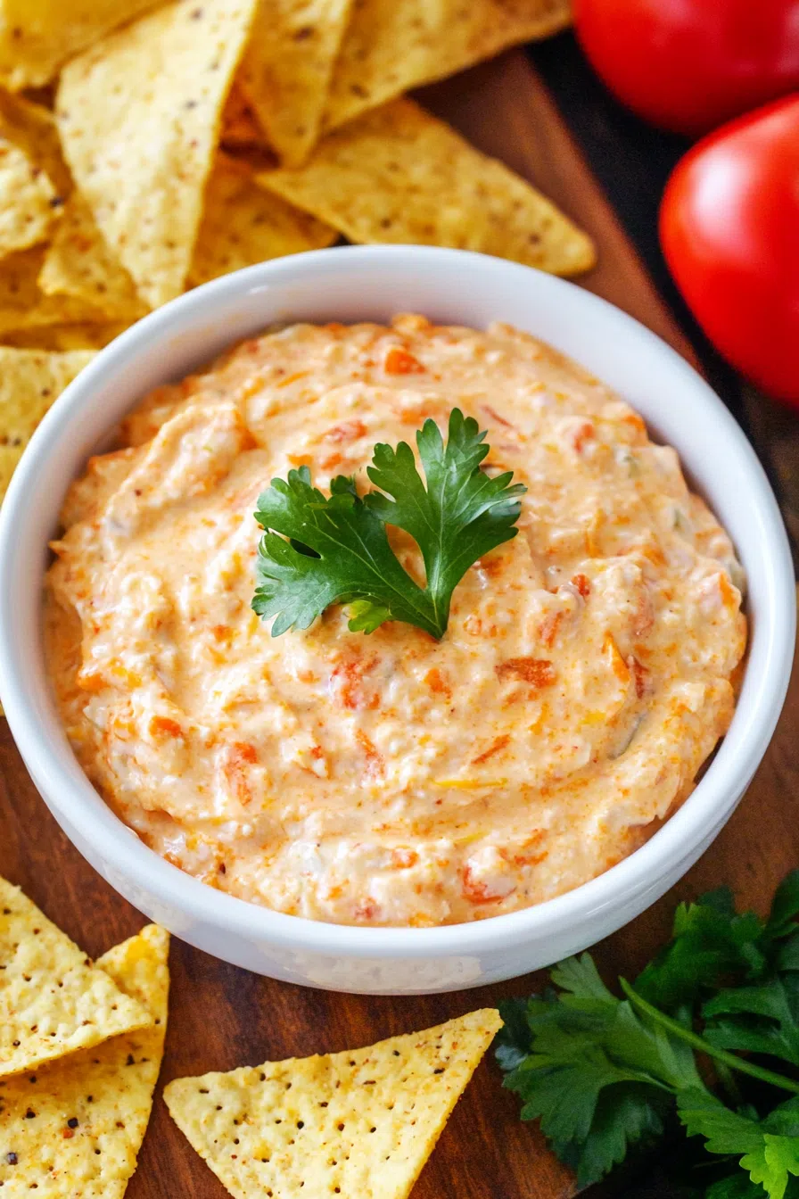 Warm, cheesy dip served in a bowl with tortilla chips on the side