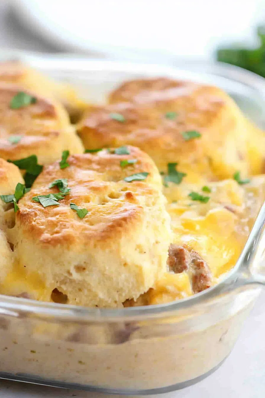 Sausage gravy biscuit breakfast bake sliced and plated, ready to serve.