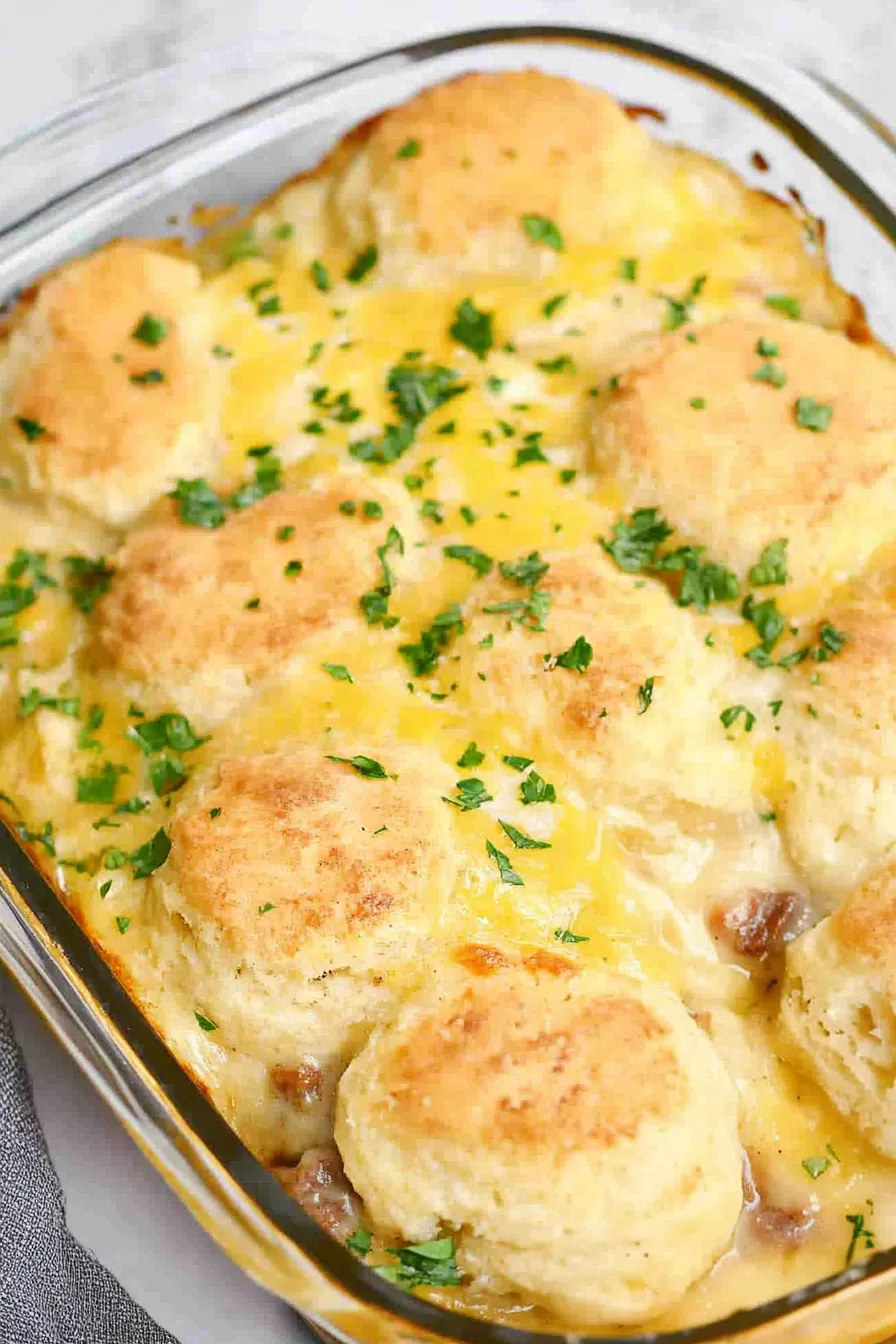 Comfort food breakfast bake with a golden crust and rich sausage gravy throughout.