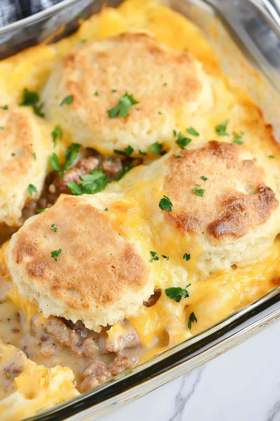 Serving of warm casserole topped with chopped herbs, fresh out of the oven.