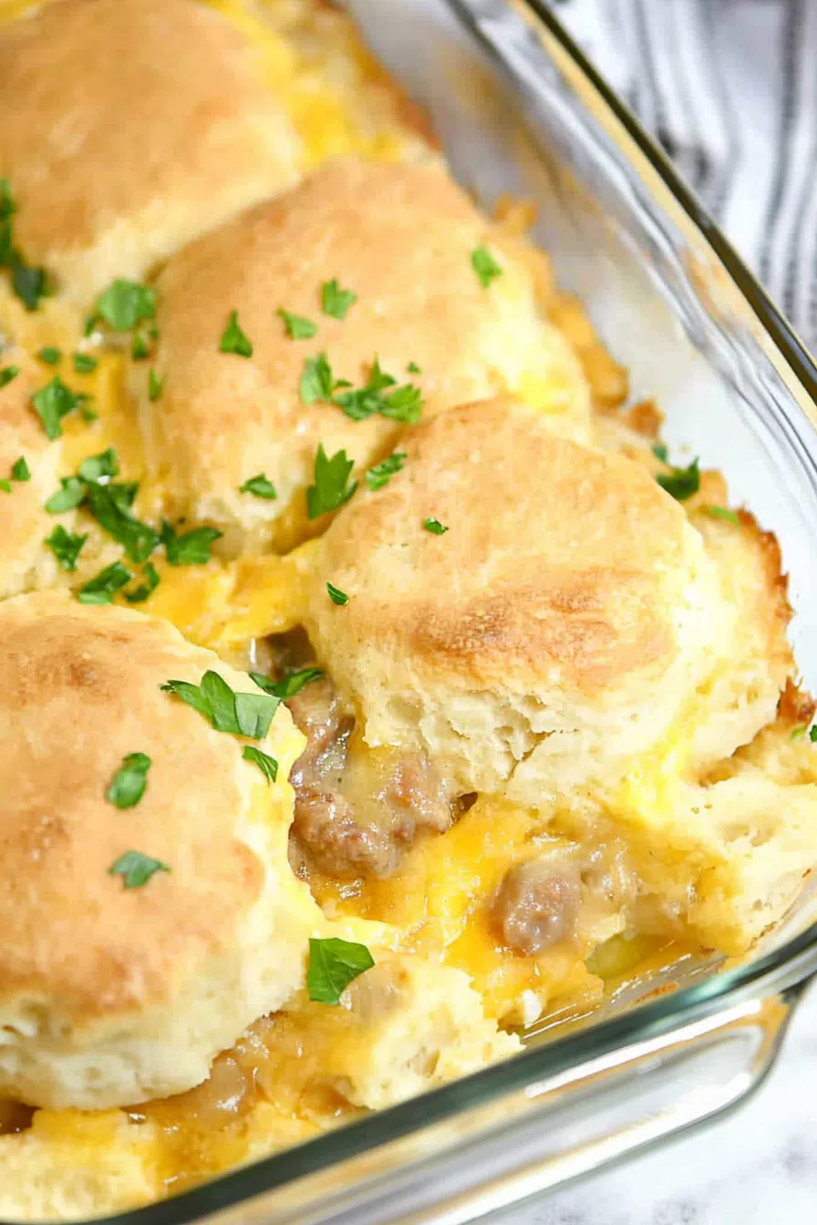 Close-up of a hearty breakfast dish with layers of fluffy biscuits and savory filling.