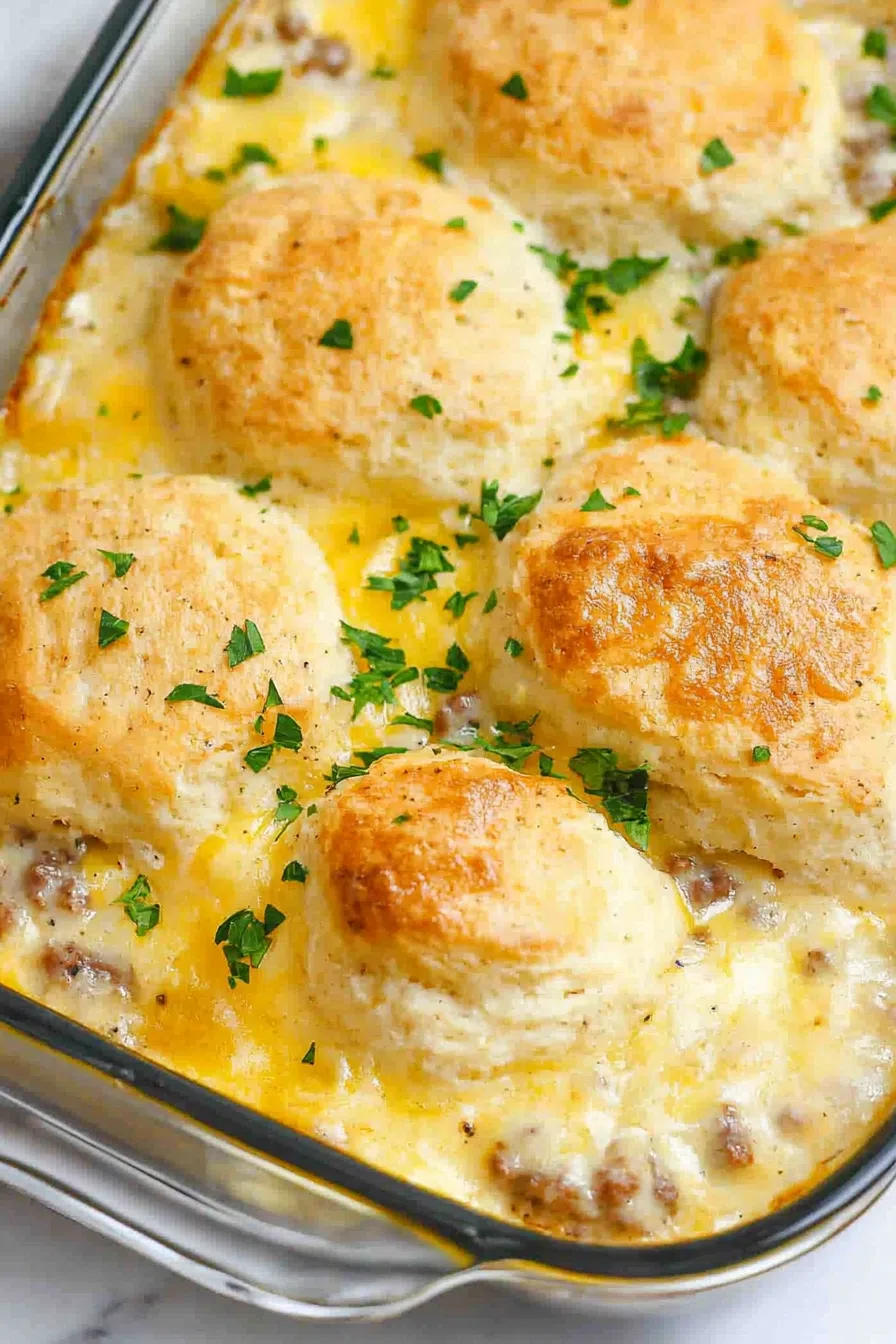 Golden-baked casserole with biscuit pieces smothered in creamy gravy and crumbled sausage.