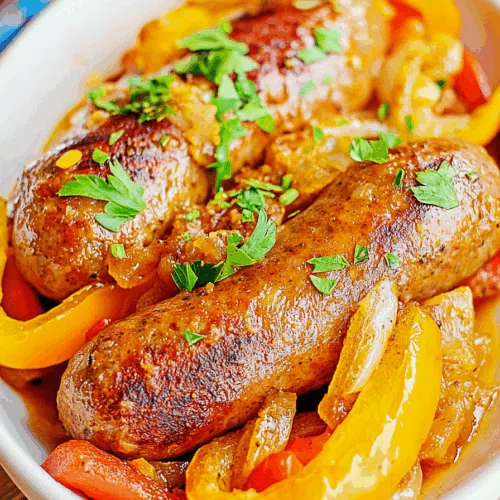 Colorful medley of sliced peppers and onions mixed with pan-seared meat.