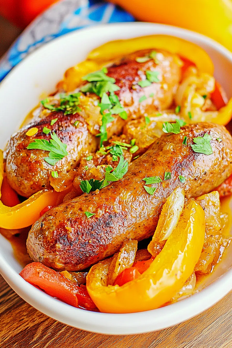 Colorful medley of sliced peppers and onions mixed with pan-seared meat.