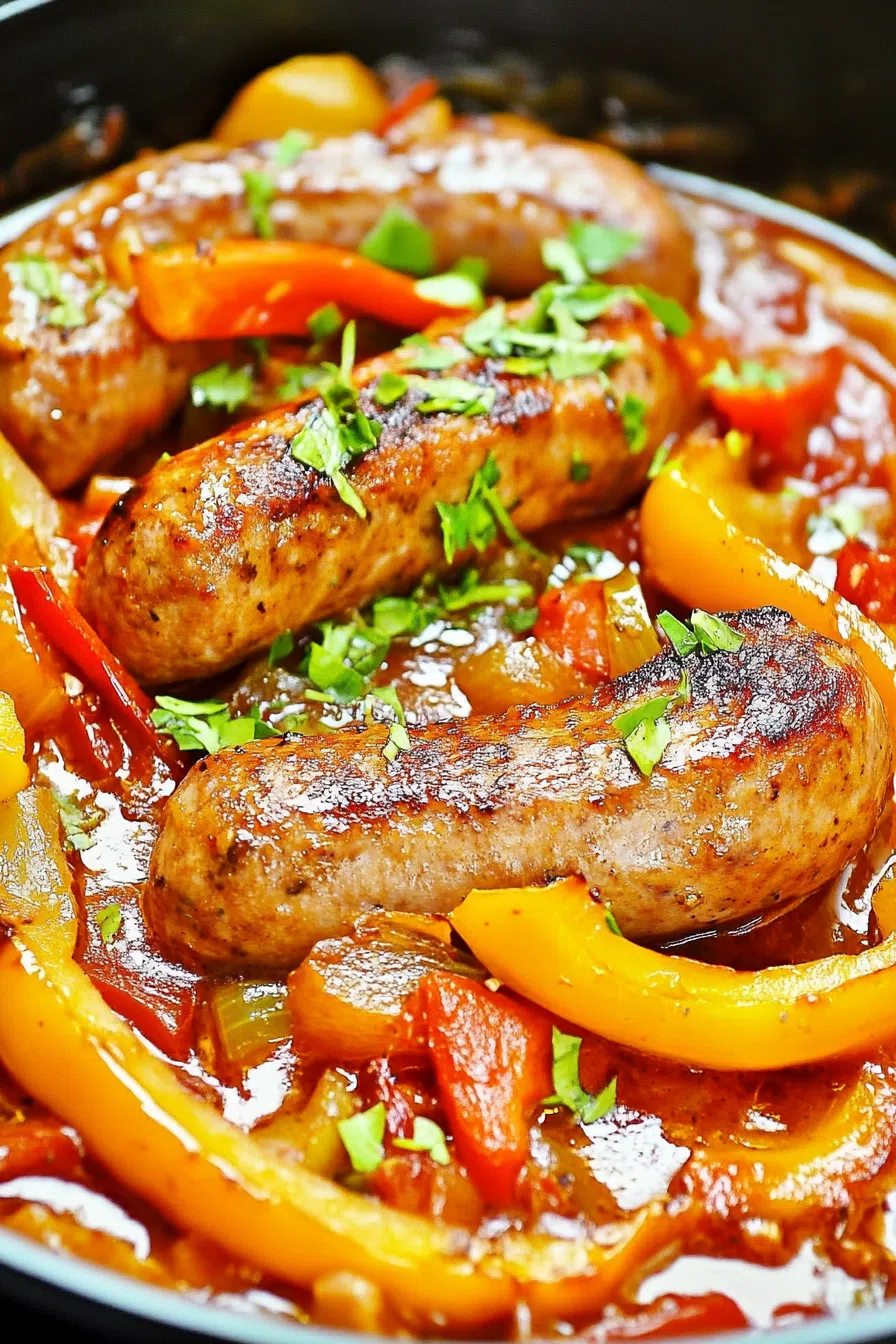 Close-up of a skillet filled with browned sausage and sautéed vegetables.